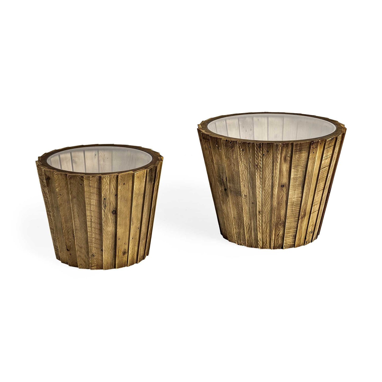Set of Two 19" Brown Wood & Clear Glass Round End Tables – Modern Luxury Collection