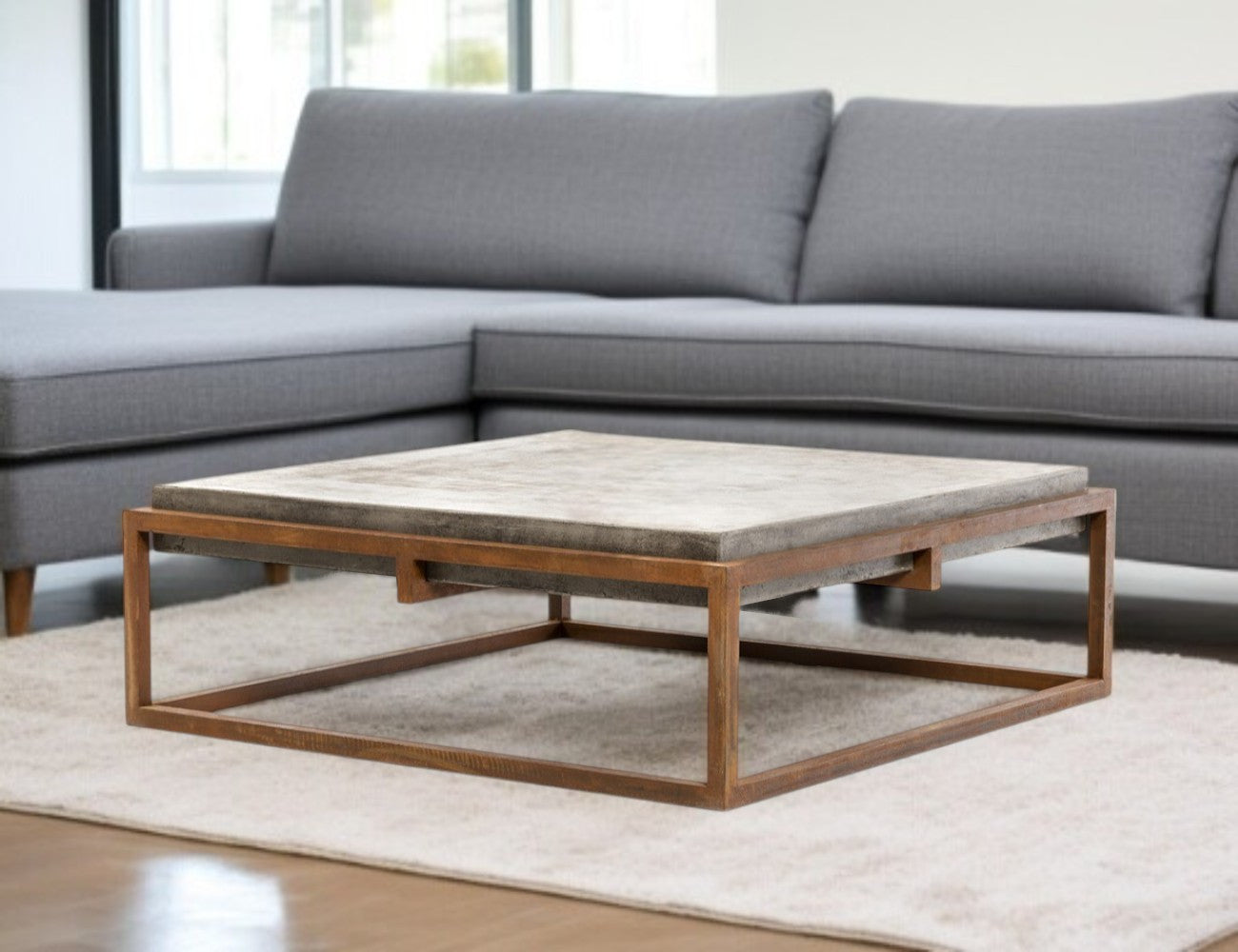 42" Dark Gray & Rust Concrete + Iron Square Coffee Table – Industrial Chic Collection