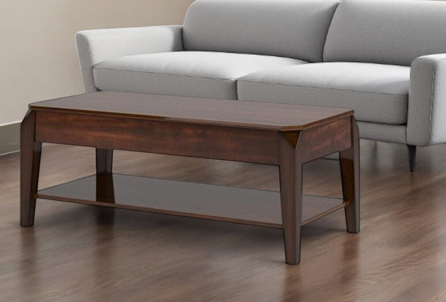 47" Dark Brown Wood Lift-Top Coffee Table with Shelf – Modern Functional Collection