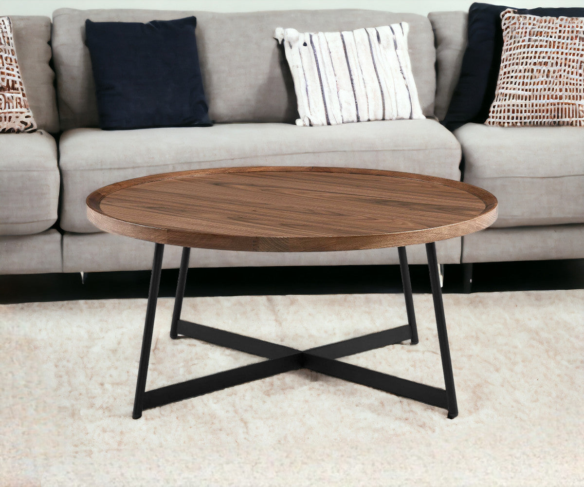 35" Brown & Black Wood and Metal Round Frame Coffee Table – Modern Contemporary Collection