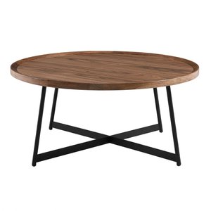 35" Brown & Black Wood and Metal Round Frame Coffee Table – Modern Contemporary Collection