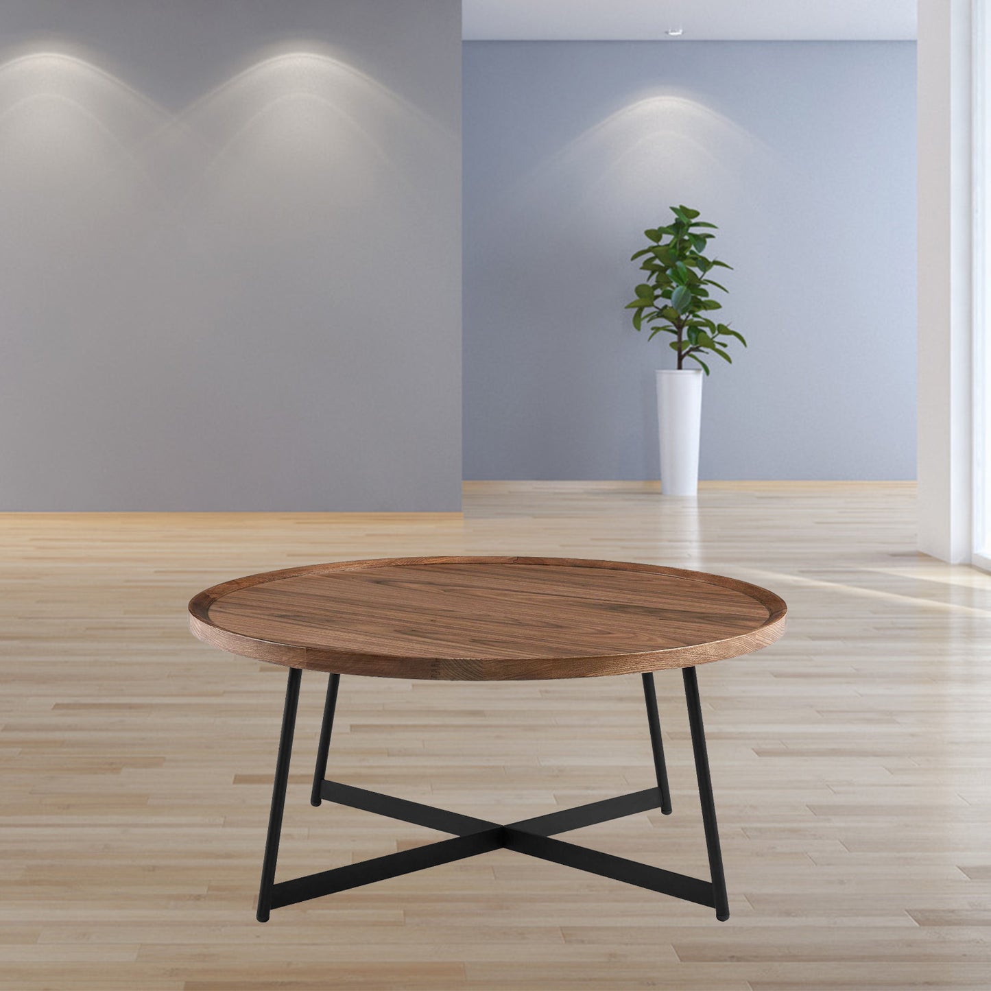 35" Brown & Black Wood and Metal Round Frame Coffee Table – Modern Contemporary Collection