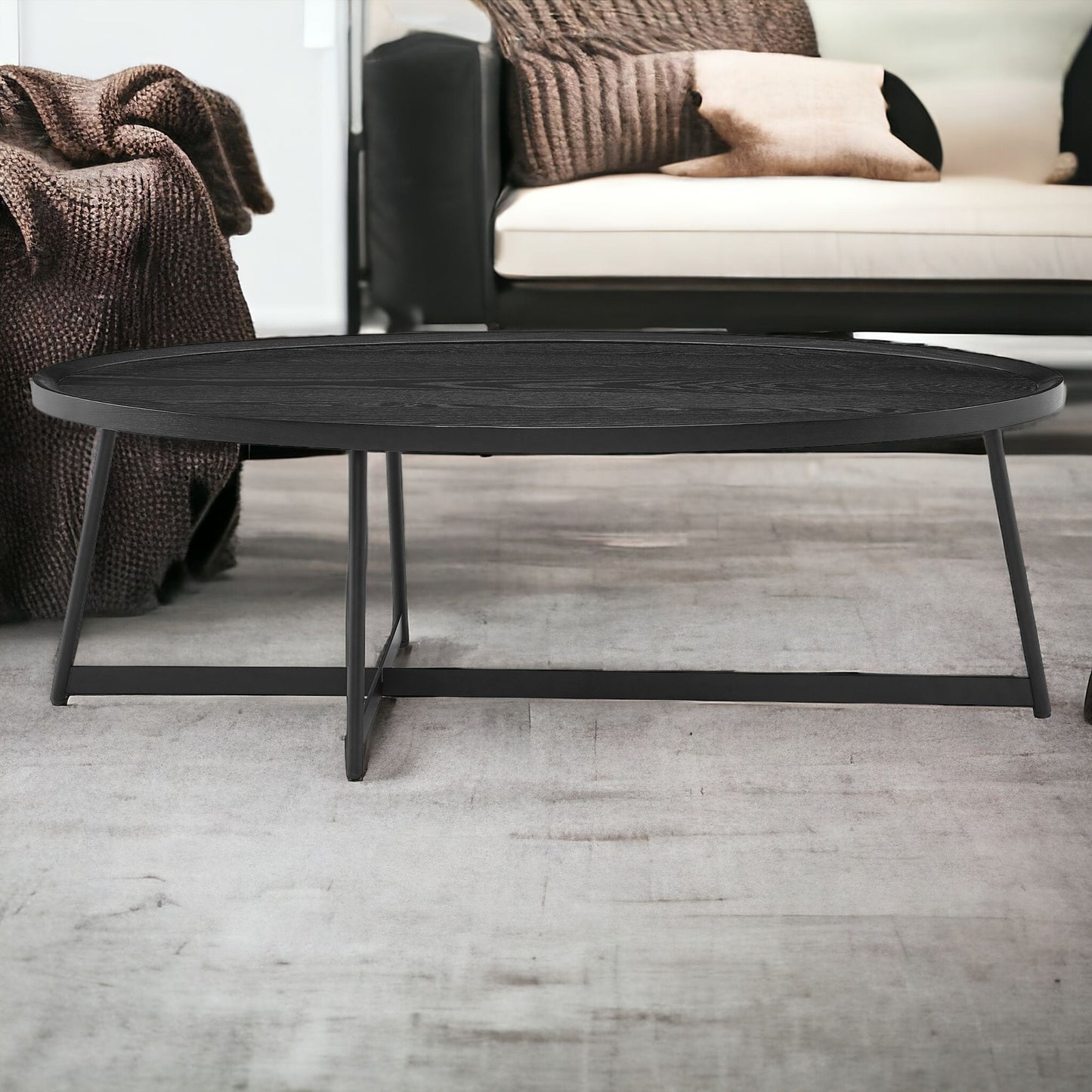 47" Black Wood & Metal Oval Frame Coffee Table – Modern Industrial Collection