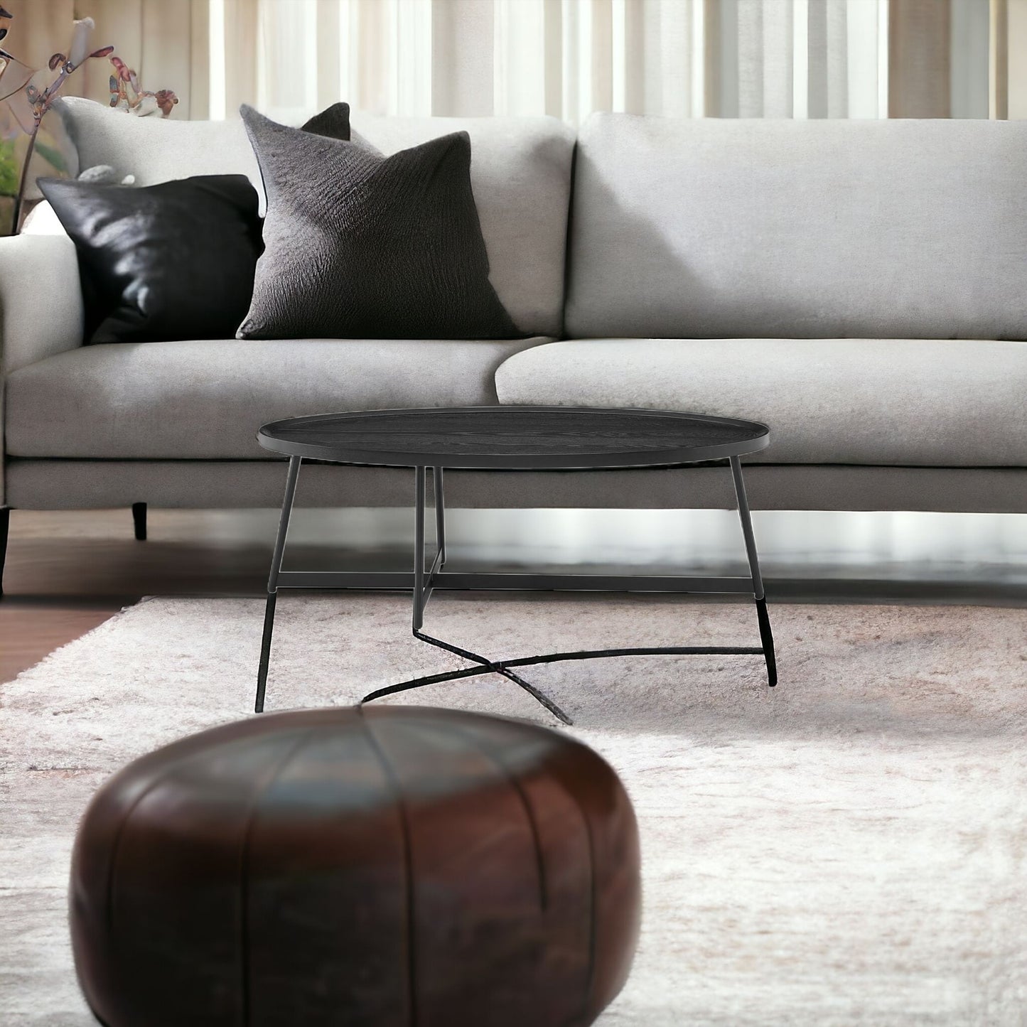 47" Black Wood & Metal Oval Frame Coffee Table – Modern Industrial Collection