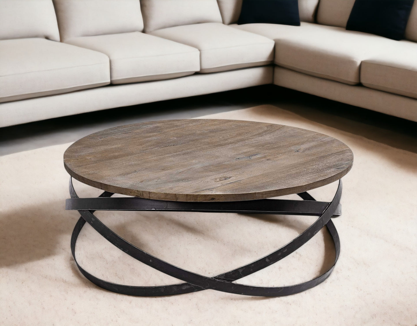 41" Brown & Black Solid Wood + Metal Round Coffee Table