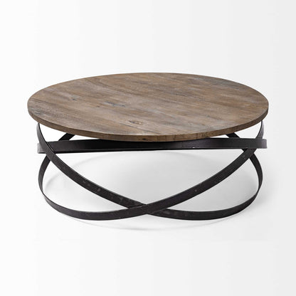 41" Brown & Black Solid Wood + Metal Round Coffee Table