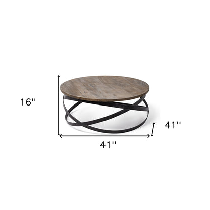 41" Brown & Black Solid Wood + Metal Round Coffee Table