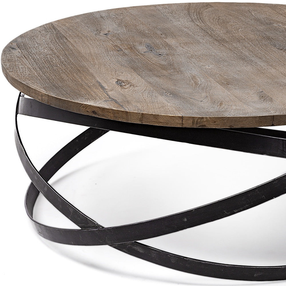 41" Brown & Black Solid Wood + Metal Round Coffee Table