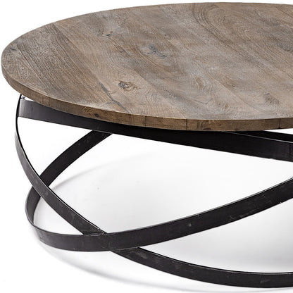 41" Brown & Black Solid Wood + Metal Round Coffee Table