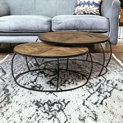 Round Mango Wood Nesting Coffee Table Set – Modern Industrial Collection