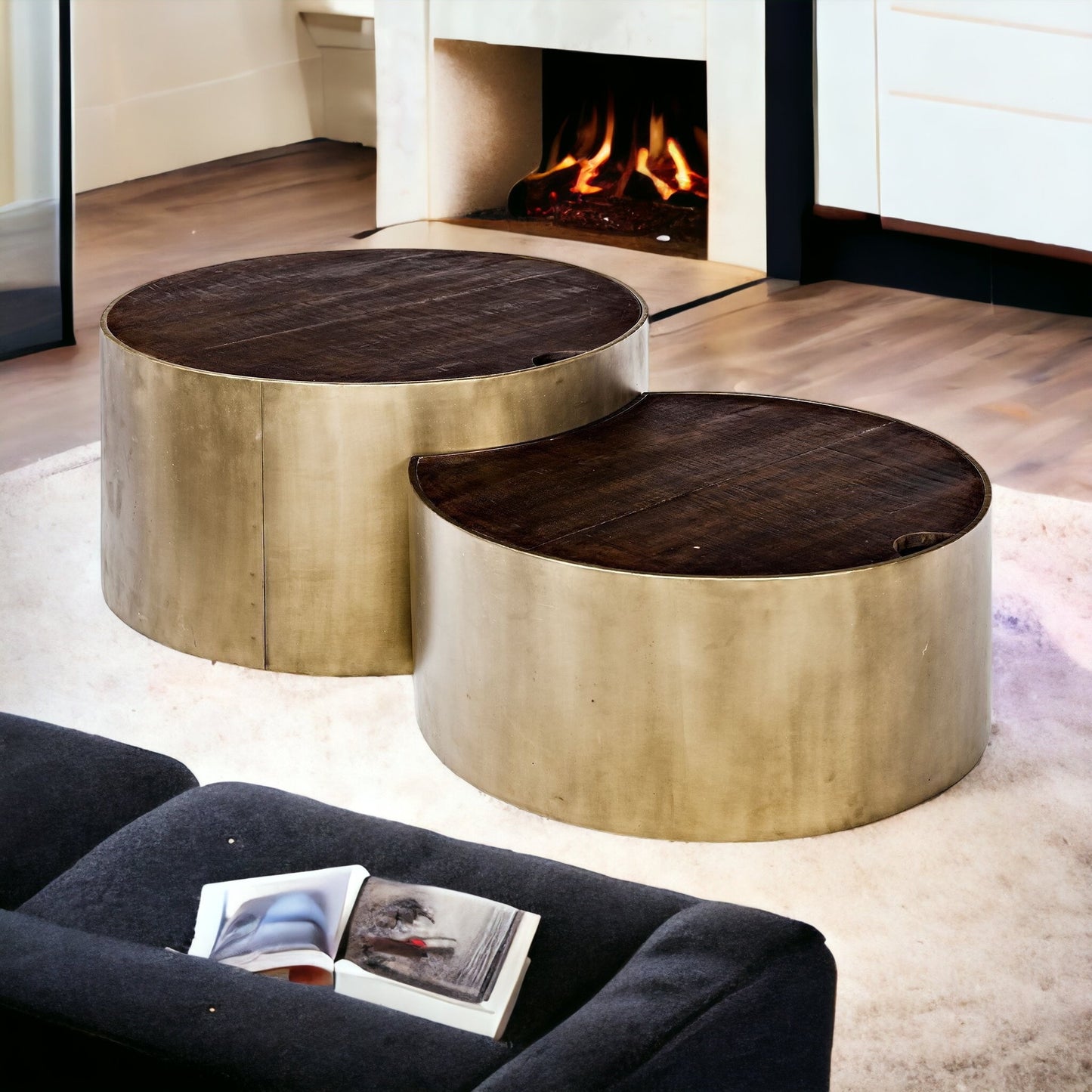 41" Brown & Black Solid Wood + Metal Round Nesting Coffee Tables – Modern Luxury Collection