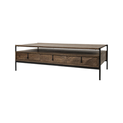 56" Brown & Black Solid Wood & Metal Coffee Table with 3 Drawers – Modern Industrial Collection