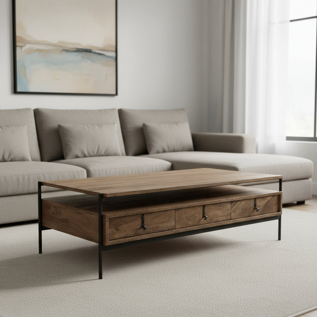 56" Brown & Black Solid Wood & Metal Coffee Table with 3 Drawers – Modern Industrial Collection