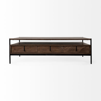 56" Brown & Black Solid Wood & Metal Coffee Table with 3 Drawers – Modern Industrial Collection