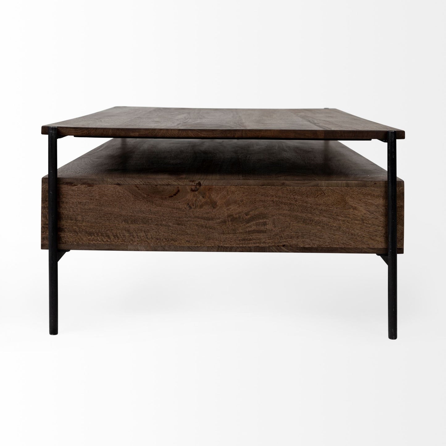 56" Brown & Black Solid Wood & Metal Coffee Table with 3 Drawers – Modern Industrial Collection
