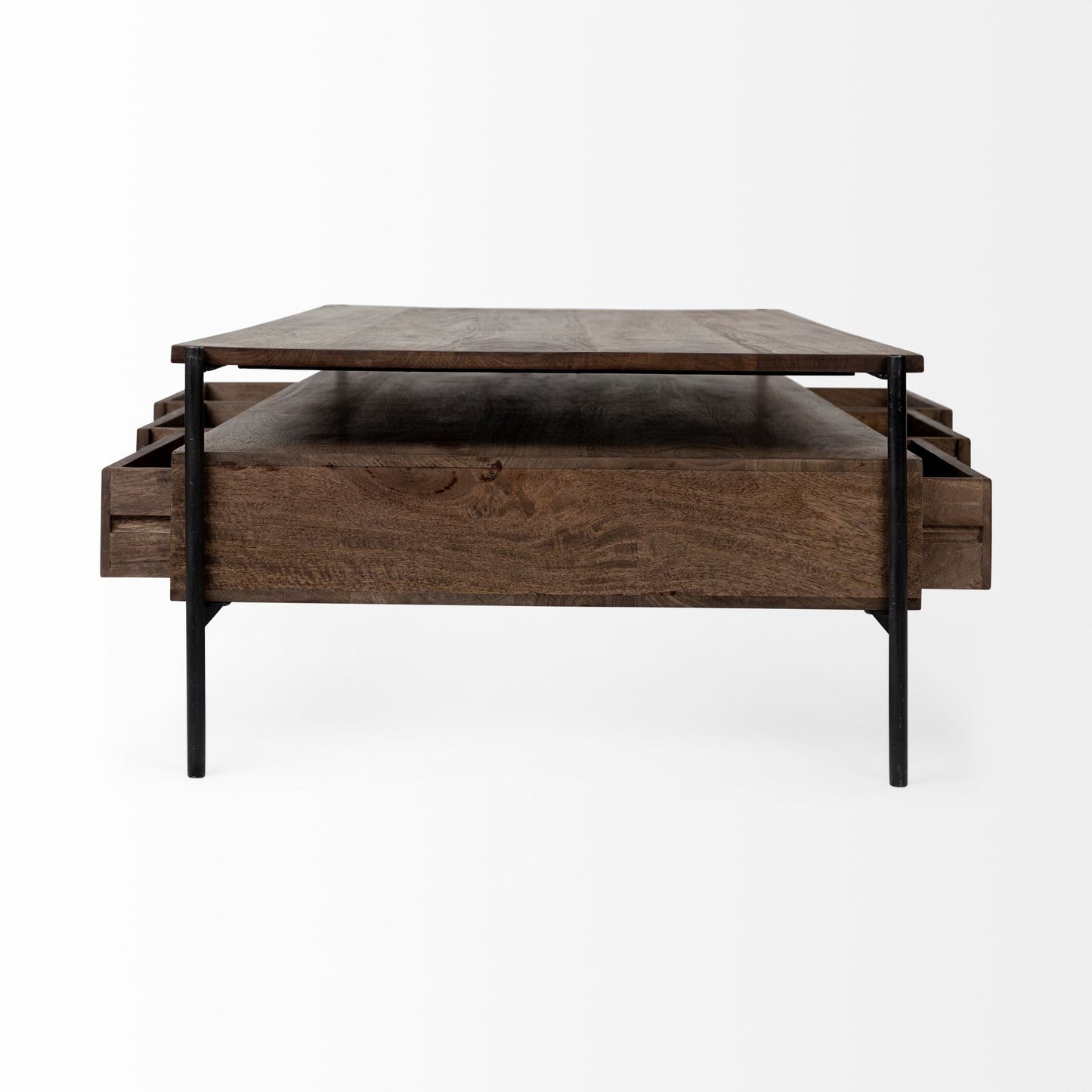 56" Brown & Black Solid Wood & Metal Coffee Table with 3 Drawers – Modern Industrial Collection
