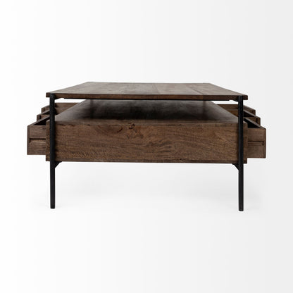 56" Brown & Black Solid Wood & Metal Coffee Table with 3 Drawers – Modern Industrial Collection