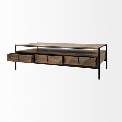 56" Brown & Black Solid Wood & Metal Coffee Table with 3 Drawers – Modern Industrial Collection