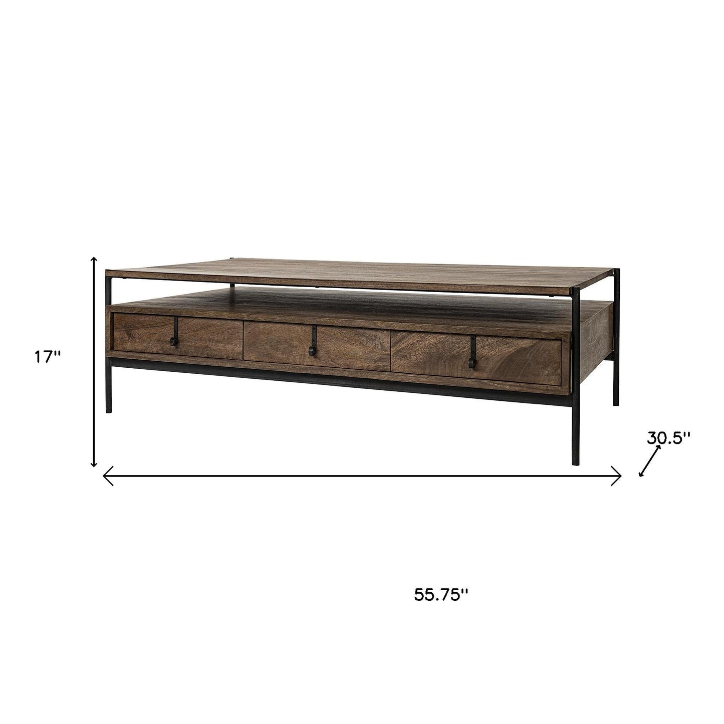 56" Brown & Black Solid Wood & Metal Coffee Table with 3 Drawers – Modern Industrial Collection
