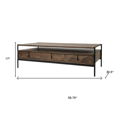 56" Brown & Black Solid Wood & Metal Coffee Table with 3 Drawers – Modern Industrial Collection