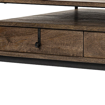 56" Brown & Black Solid Wood & Metal Coffee Table with 3 Drawers – Modern Industrial Collection
