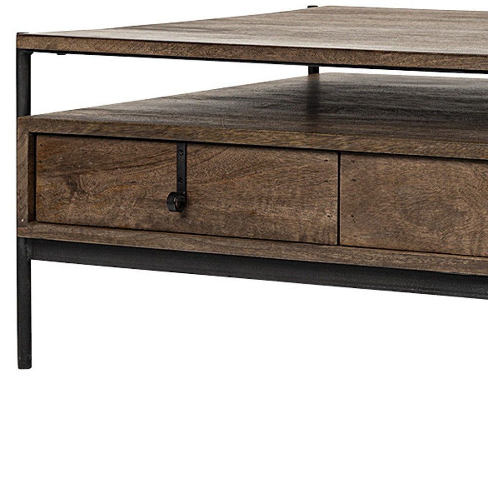 56" Brown & Black Solid Wood & Metal Coffee Table with 3 Drawers – Modern Industrial Collection