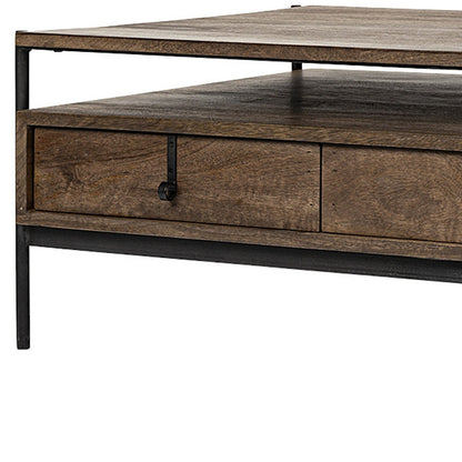 56" Brown & Black Solid Wood & Metal Coffee Table with 3 Drawers – Modern Industrial Collection
