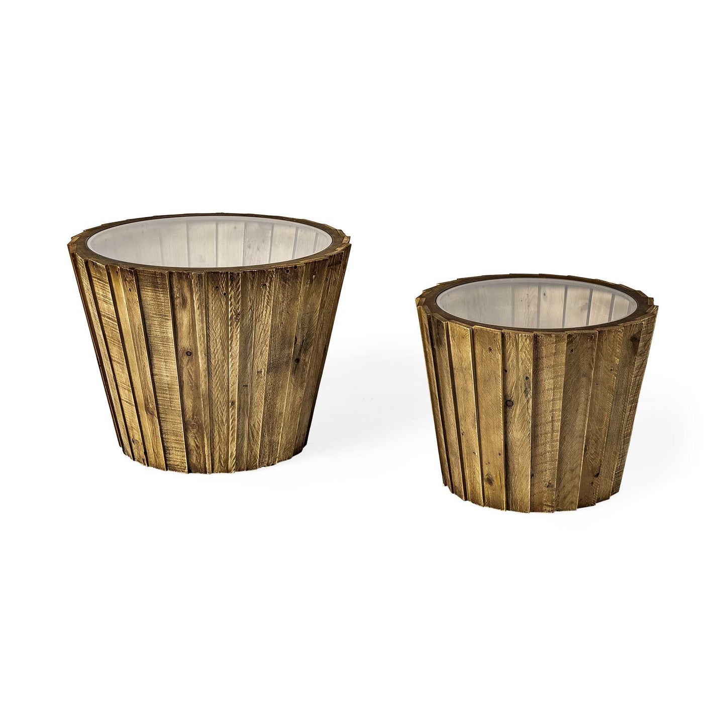 Set of Two 19" Brown Wood & Clear Glass Round End Tables – Modern Luxury Collection