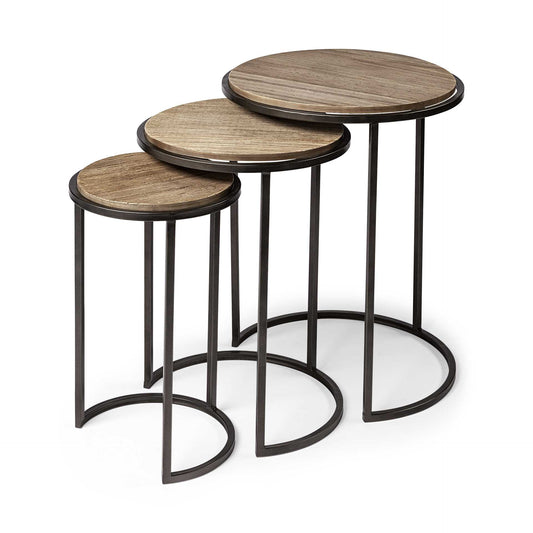 Set of Three 27" Black & Brown Solid Wood Round End Tables – Modern Luxury Collection