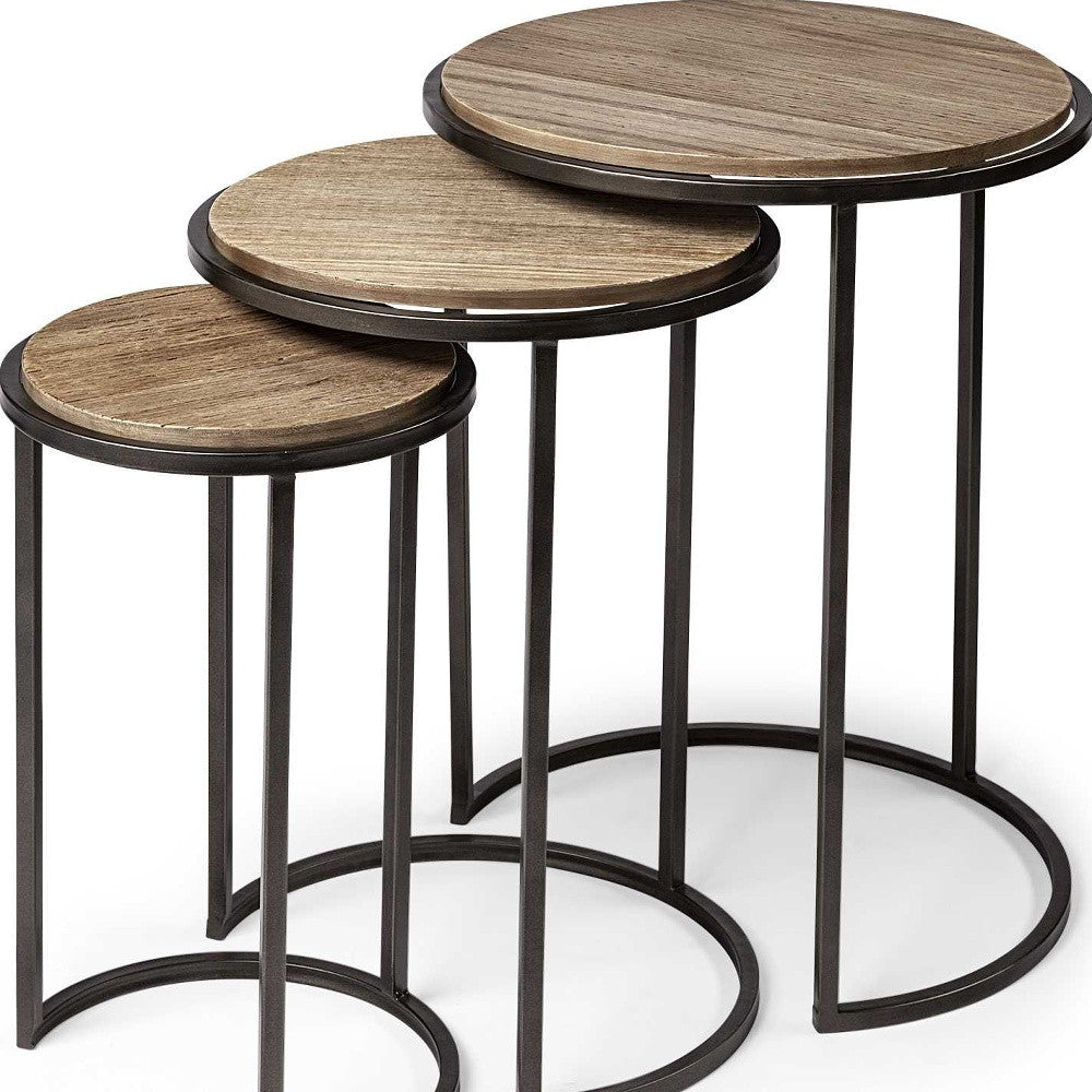 Set of Three 27" Black & Brown Solid Wood Round End Tables – Modern Luxury Collection