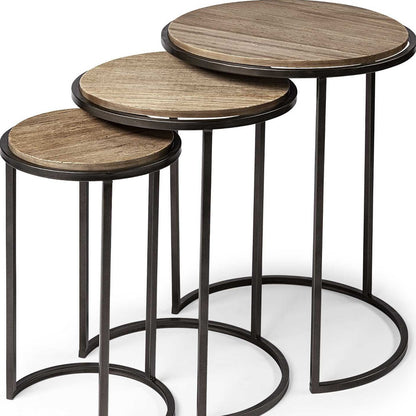 Set of Three 27" Black & Brown Solid Wood Round End Tables – Modern Luxury Collection