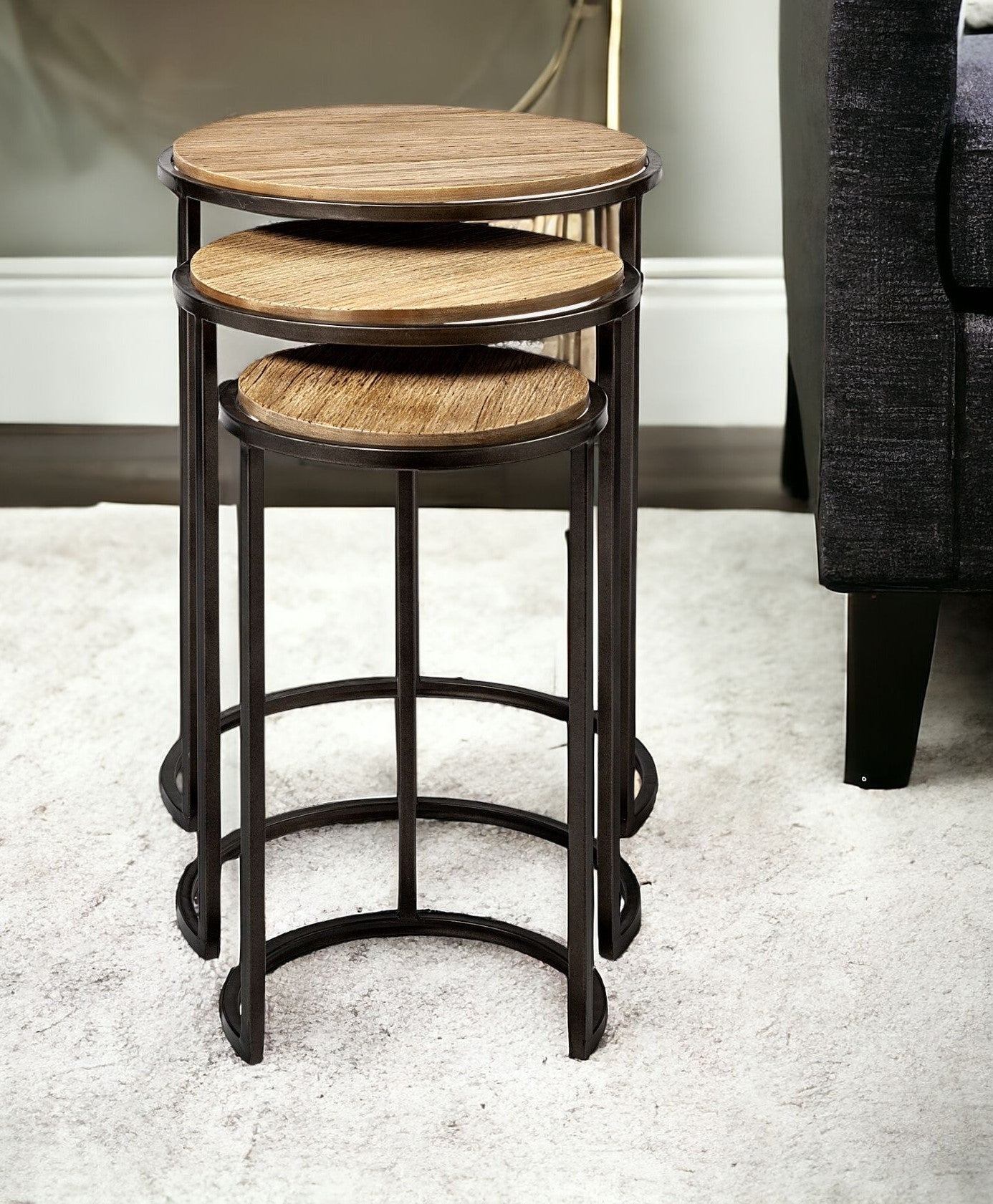 Set of Three 27" Black & Brown Solid Wood Round End Tables – Modern Luxury Collection