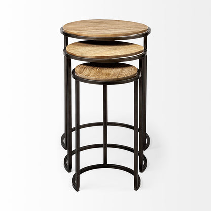 Set of Three 27" Black & Brown Solid Wood Round End Tables – Modern Luxury Collection