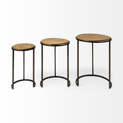 Set of Three 27" Black & Brown Solid Wood Round End Tables – Modern Luxury Collection
