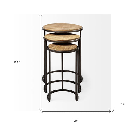 Set of Three 27" Black & Brown Solid Wood Round End Tables – Modern Luxury Collection