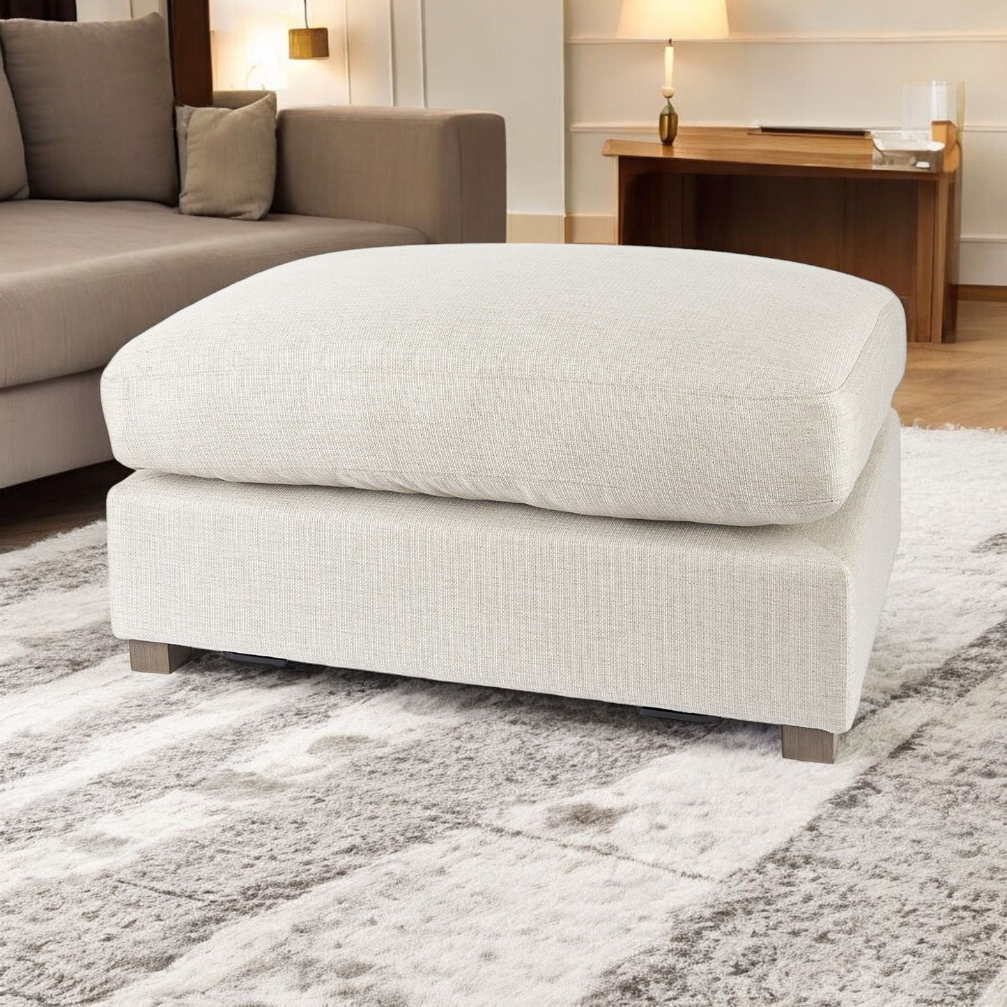 26" Beige Fabric & Brown Wood Cocktail Ottoman – Luxe Lounge Collection