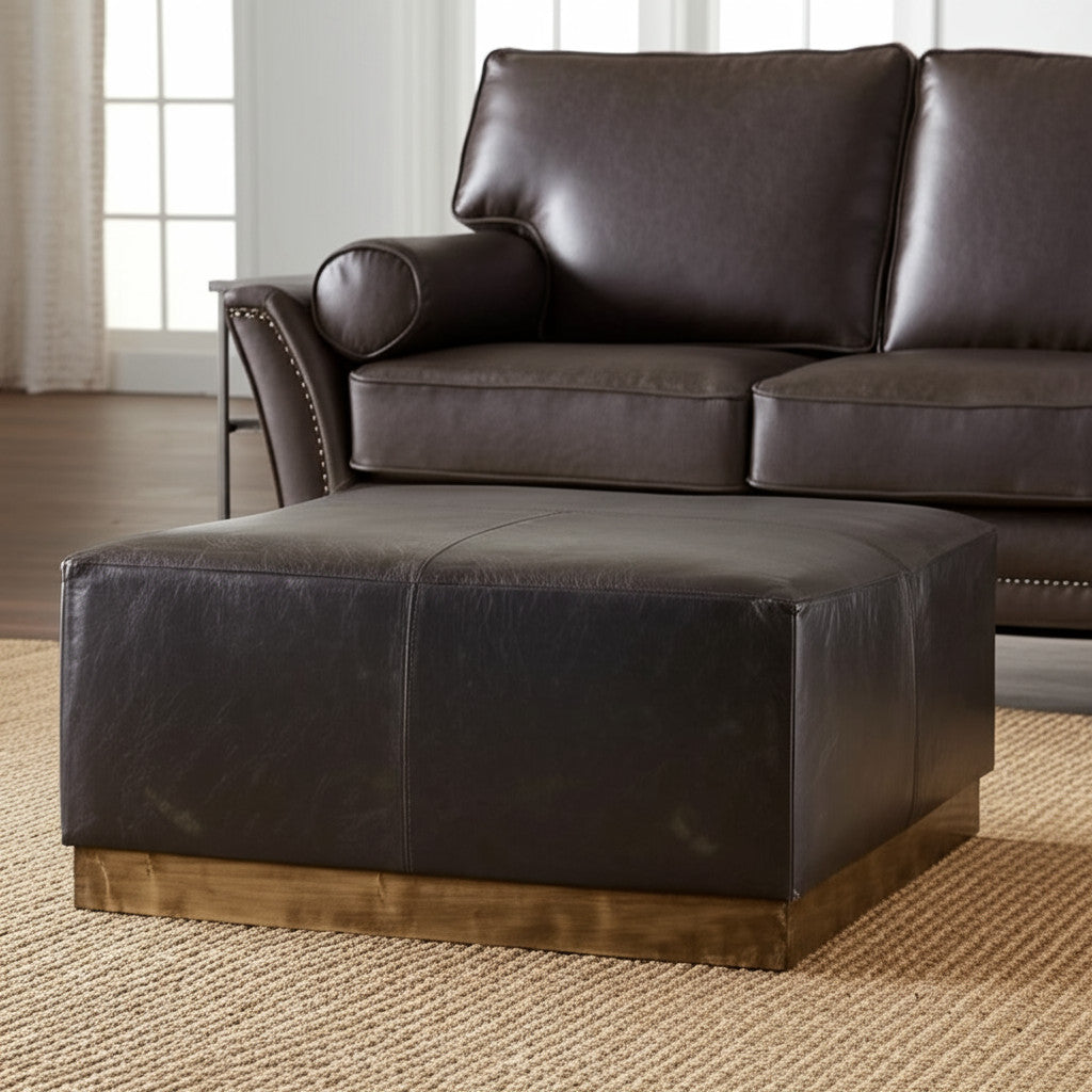 36" Black Faux-Leather & Brown Wood Footstool – Luxe Lounge Collection