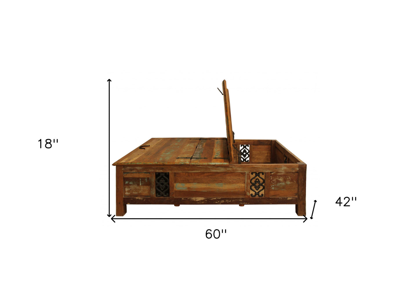 60" Green & Brown Solid Wood Distressed Lift-Top Coffee Table – Premium Modern Collection