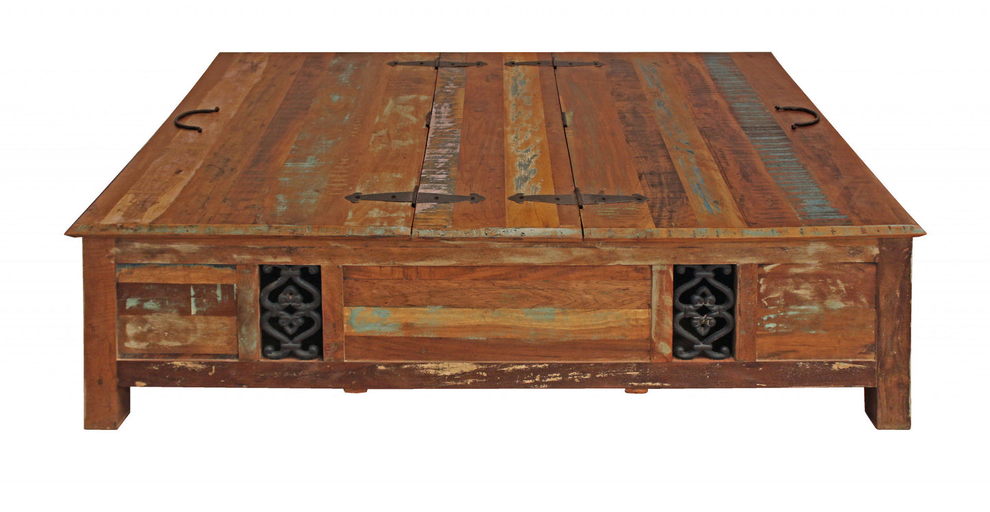 60" Green & Brown Solid Wood Distressed Lift-Top Coffee Table – Premium Modern Collection
