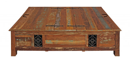 60" Green & Brown Solid Wood Distressed Lift-Top Coffee Table – Premium Modern Collection