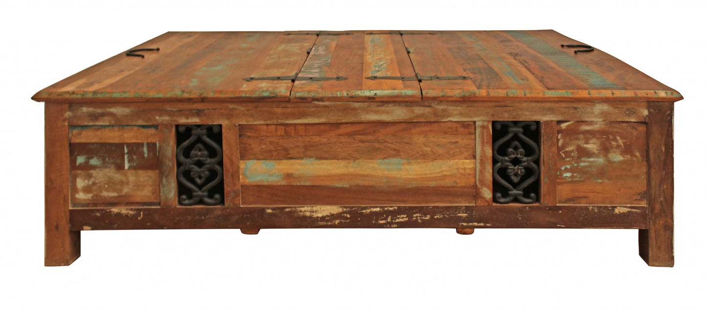 60" Green & Brown Solid Wood Distressed Lift-Top Coffee Table – Premium Modern Collection