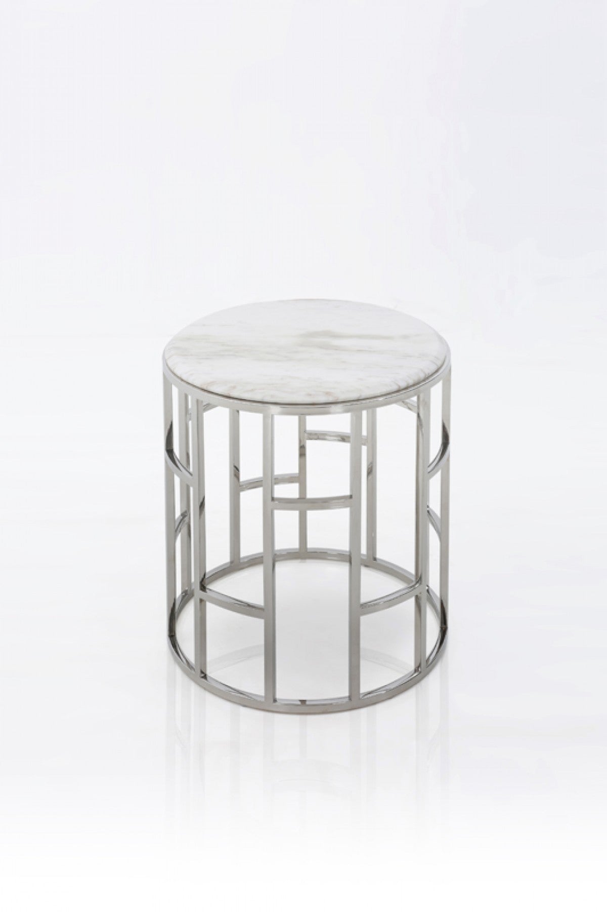 Silver & White Marble Round Geometric End Table – Modern Luxe Collection