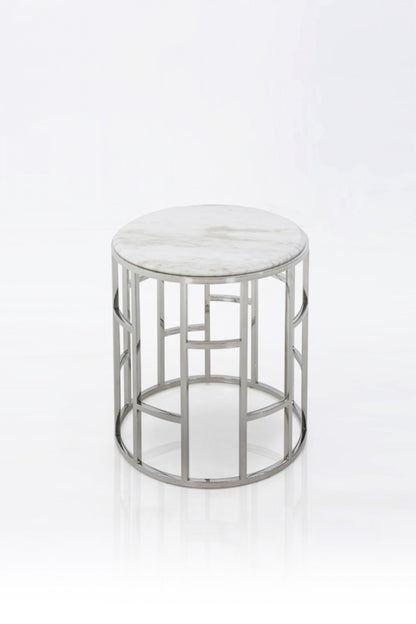 Silver & White Marble Round Geometric End Table – Modern Luxe Collection