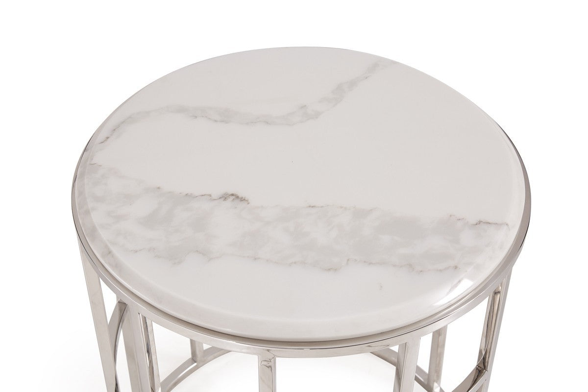 Silver & White Marble Round Geometric End Table – Modern Luxe Collection