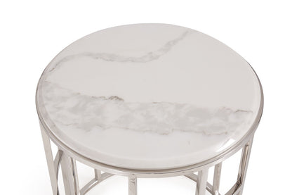 Silver & White Marble Round Geometric End Table – Modern Luxe Collection