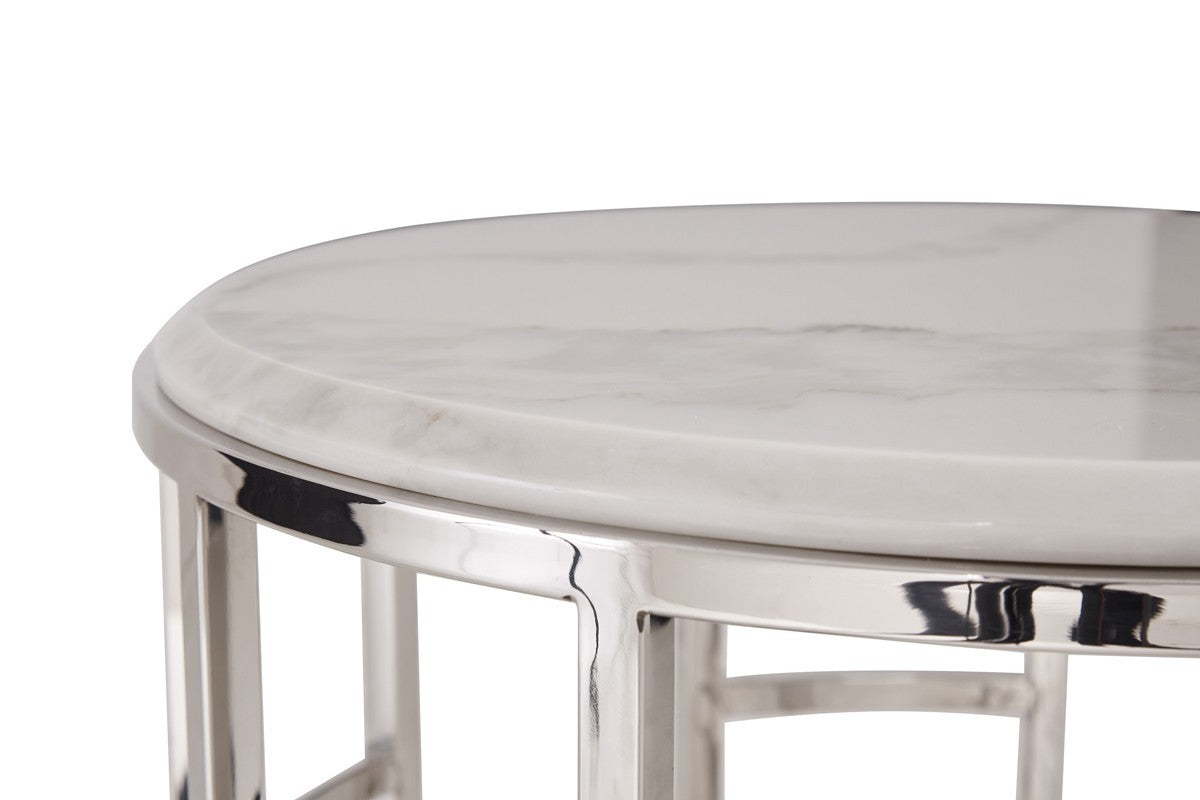 Silver & White Marble Round Geometric End Table – Modern Luxe Collection