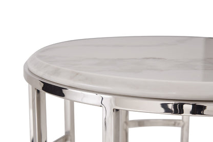 Silver & White Marble Round Geometric End Table – Modern Luxe Collection
