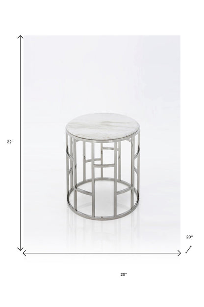 Silver & White Marble Round Geometric End Table – Modern Luxe Collection