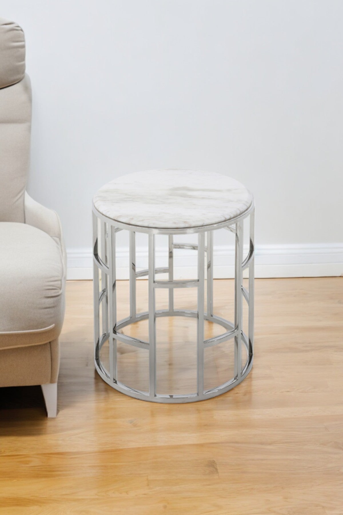 Silver & White Marble Round Geometric End Table – Modern Luxe Collection