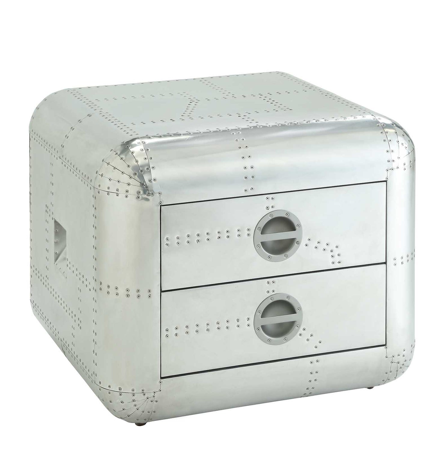 22" Silver Aluminum Aviator Trunk-Style Square End Table w/ Two Drawers – Modern Luxury Collection